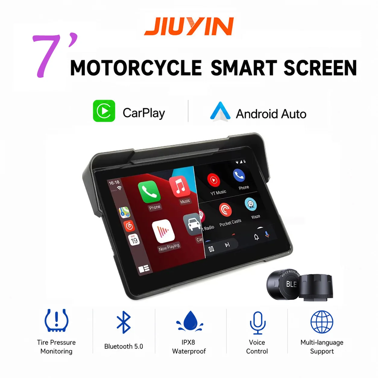 7'' Tragbares Motorradzubehör, kabelloses CarPlay, Android Auto für Motorrad, Smart Player, GPS, IP67, wasserdicht, BT 5.0 Monitor