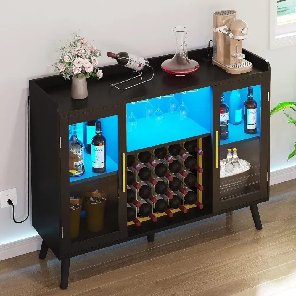 Wine Bar Cabinet com luzes LED e Tomadas de Energia, Coffee Storage Cabinet para Licor e Copos, 53"