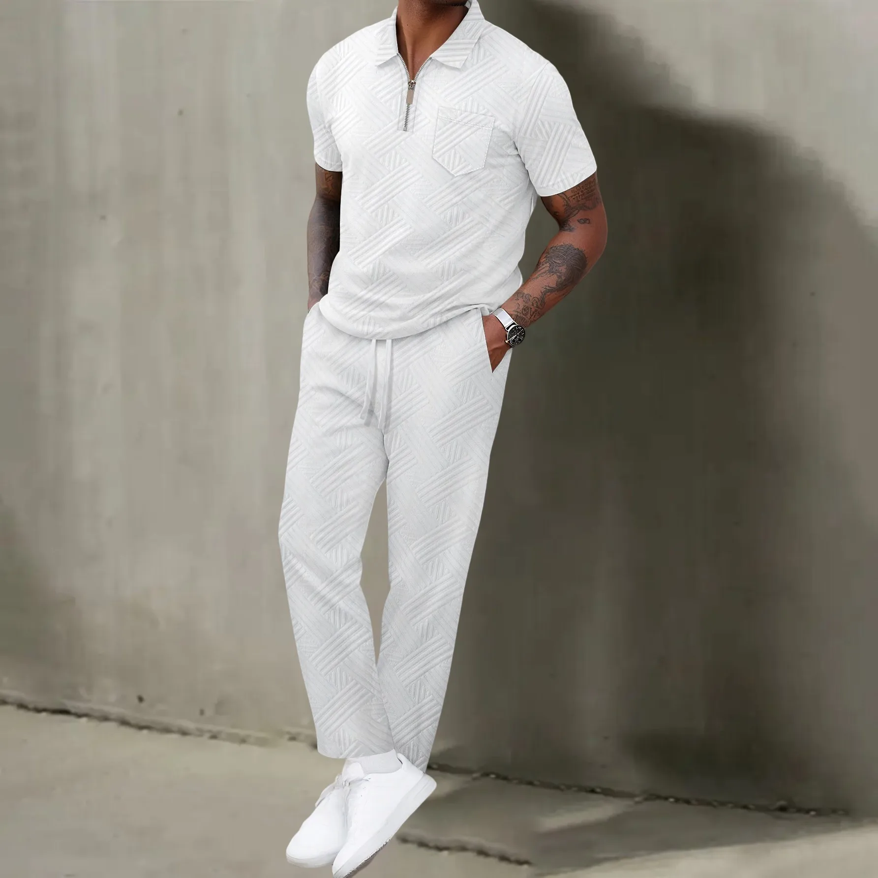 

Men's Solid-Color Jacquard Pocket Lapel Half-Zip Short-Sleeved Shirt And Long Pants Set Autumn Collection 2025