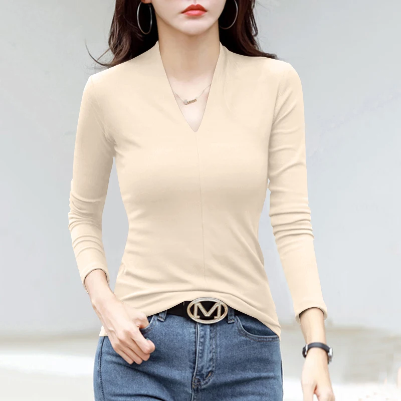 Damska dopasowana bluzka z długim rękawem, dekoltem w serek, modna warstwa bazowa, koreański styl, elegancka, do pracy, jednolita, na zimę.