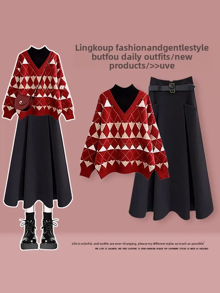 

Стильный вязаный комплект из свитера и юбки для женщин: повседневный осенне-зимний образ в корейском стиле, большие размеры, модный студенческий стиль