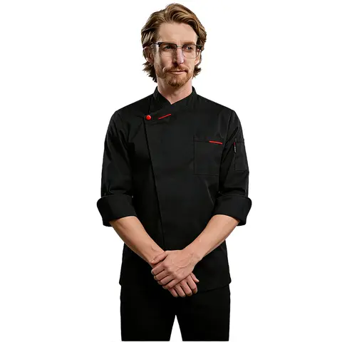 Food Service Chef Costume Men's Kitchen Jacket White Shirt Catering Uniform Barber Workwear Baker Loog sleeve Black Cooking Coat