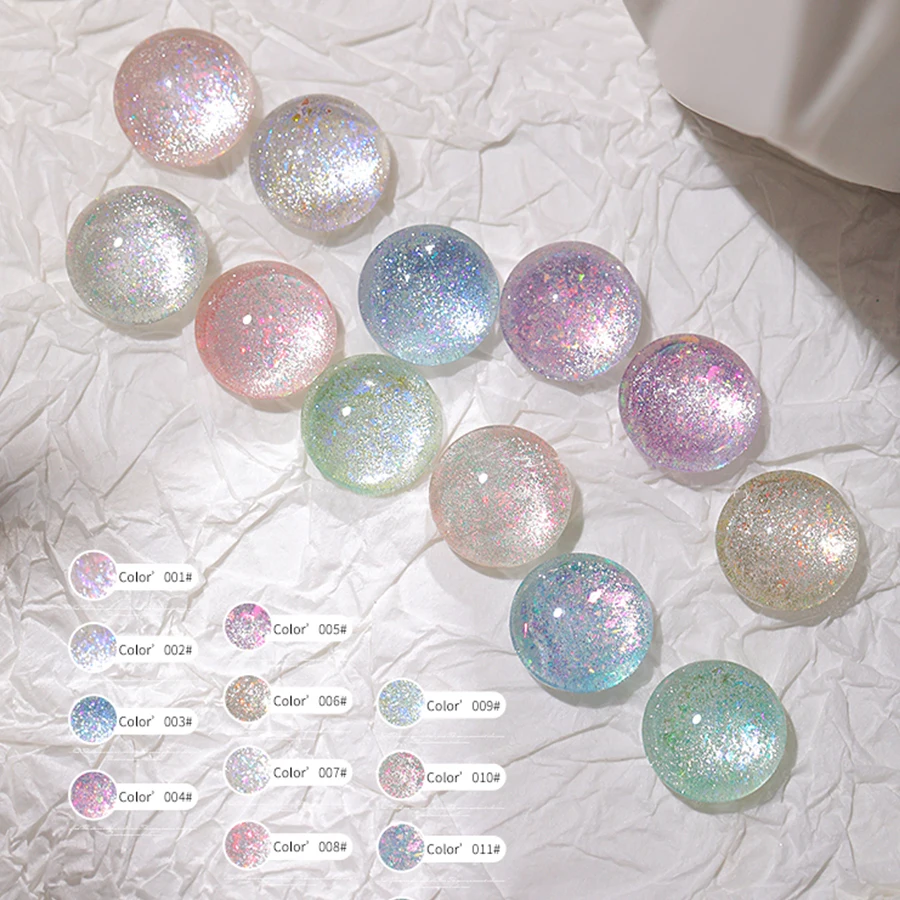 12pcs Summer Crushed Ice Glamorous Cat Eye Gel Nail Polish - Reflective Glitter, Holographic Laser Sparkle, Soak Off UV LED