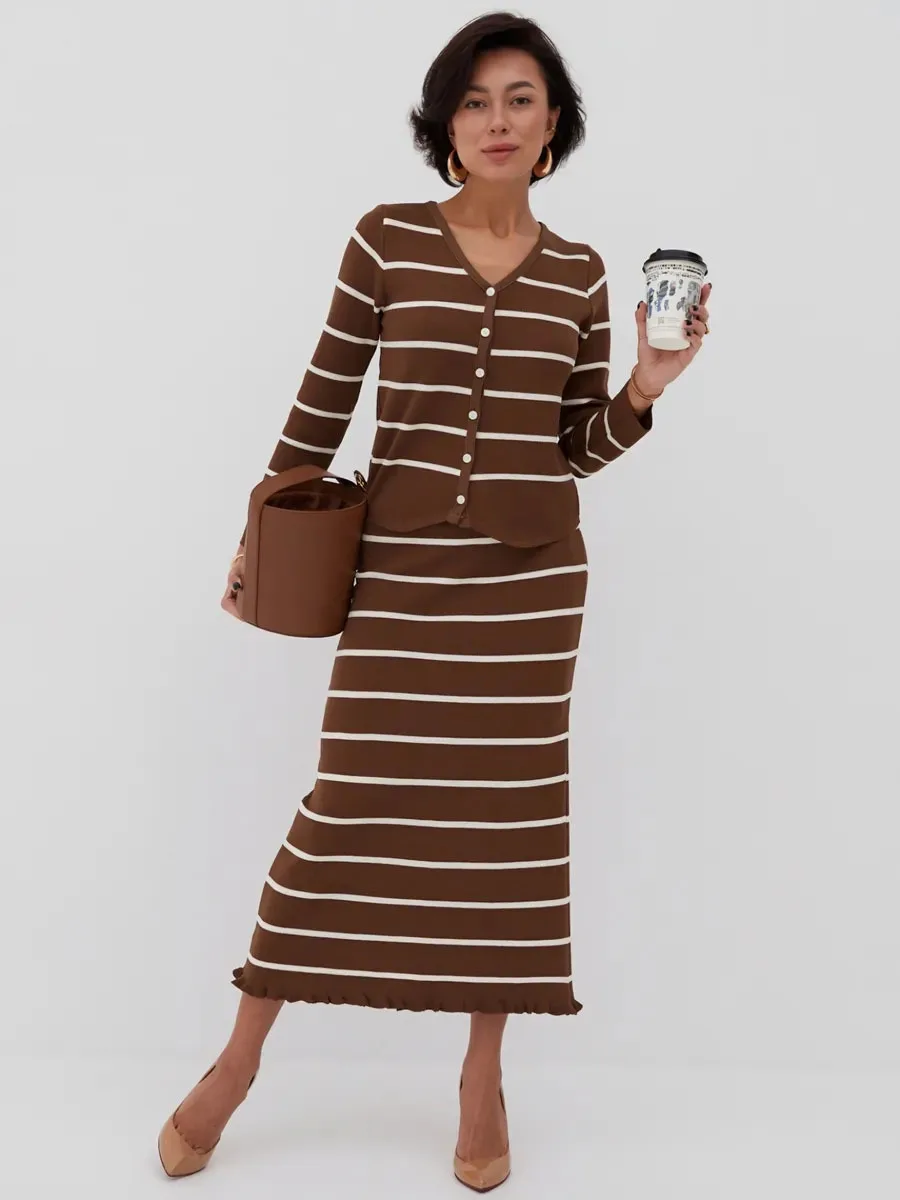 

Fashion Stripe Knit Skirt Outfit Autumn Women Single Breasted Long Sleeves Sweater+High Waist Bust Skirt Winter Two Piece Set
