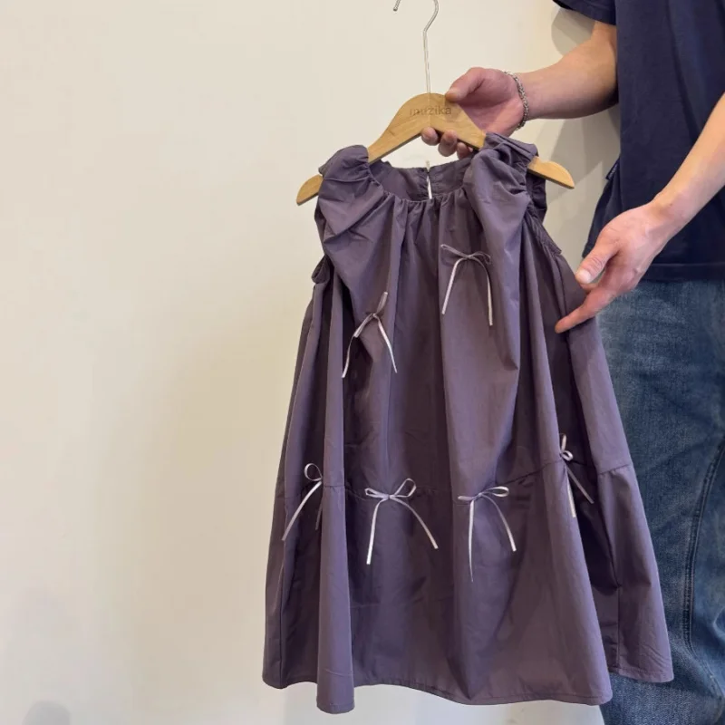 

Forest Style Girl's Summer Dress New Model2026Butterfly Knot Children's Clothing Light Luxury Girl Baby Purple Children's Vest D