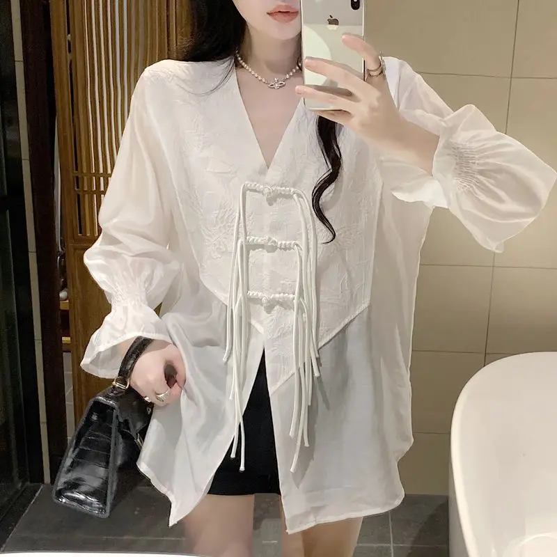 Vintage V-neck Single-breasted White Shirt Women Silk Blouse Flared Long Sleeve See-through Chic Summer Tops Mujer Clothing