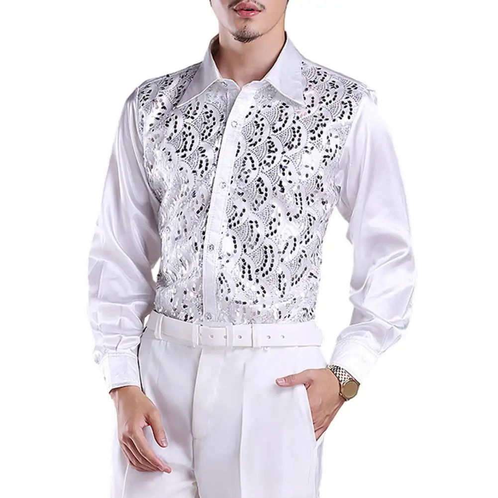 Men Long Sleeve Shirt Men's Luxury Sequins Performance Shirt for Wedding Stage Formal Events Casual Wear Long Sleeve Slim Fit