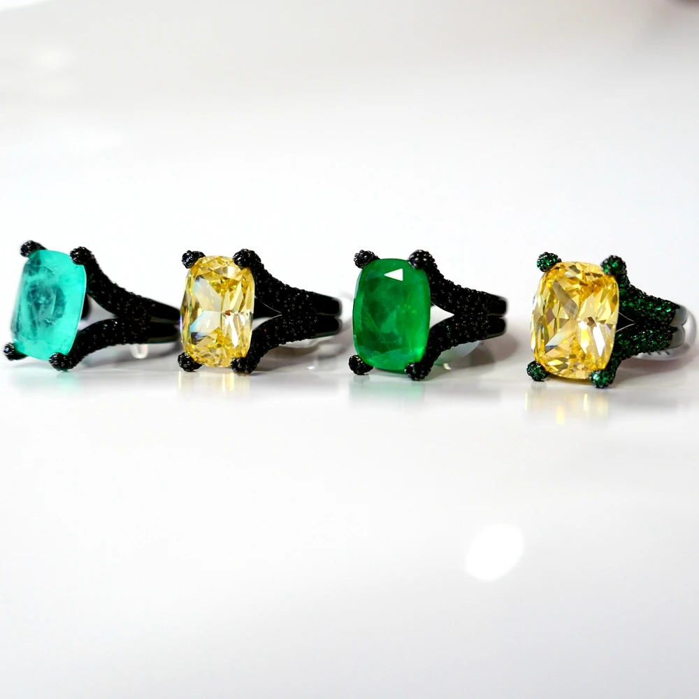 KQDANCE Luxury Black Gold Plated Big 12*16mm Lab Created Emerald Green Paraiba Tourmaline Yellow CZ Diamond Rings Jewelry New