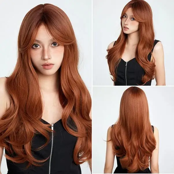 

Orange long curly synthetic wig paired with daily role-playing party wigs, women's natural wave heat-resistant wigs