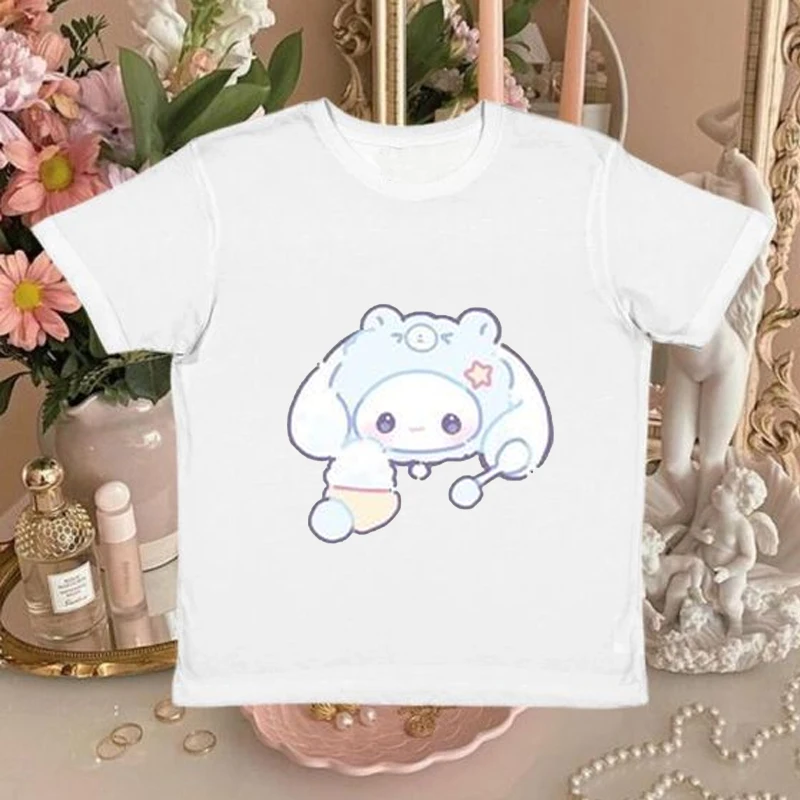 Summer New Casual Tshirt Sanrio Cinnamoroll T-shirt Kawaii Anime Cartoon Clothes Y2k Tee Shirt Cute Girl  Tops