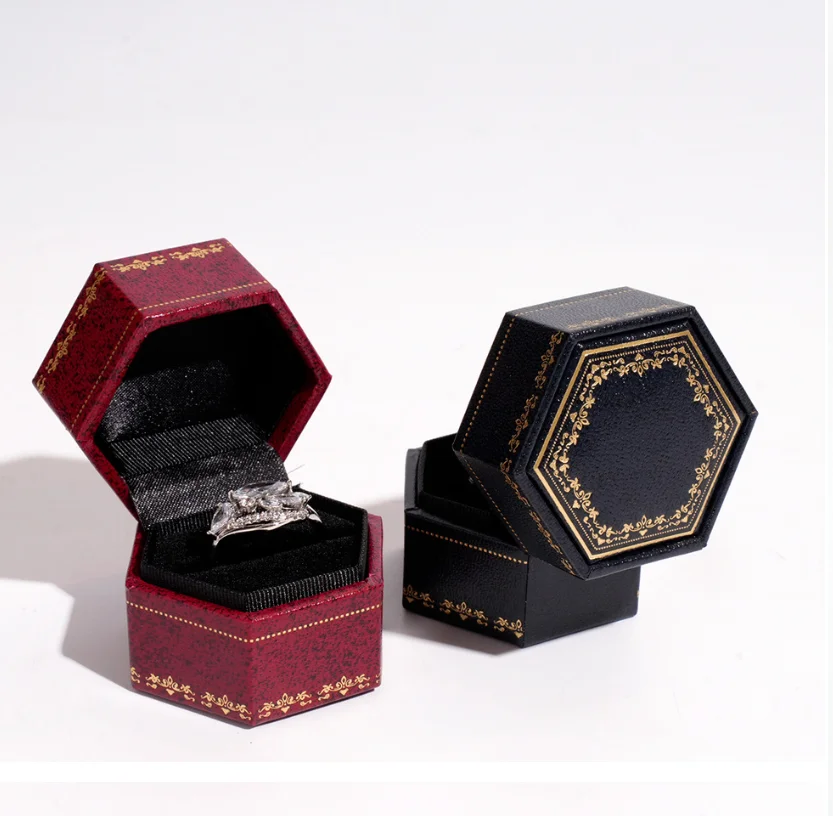 Vintage Hexagonal Velvet Ring Box Delicate Embossed Jewelry Storage Case For Proposal Wedding Jewelry Display Use
