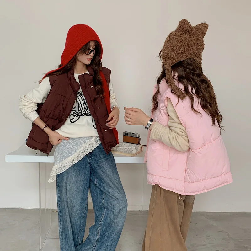 Women Parkas Solid Vest Coat  Zipper Button Pocket Stand Collar Straight Thick Sleeveless Loose Office Lady Casual Winter 2025