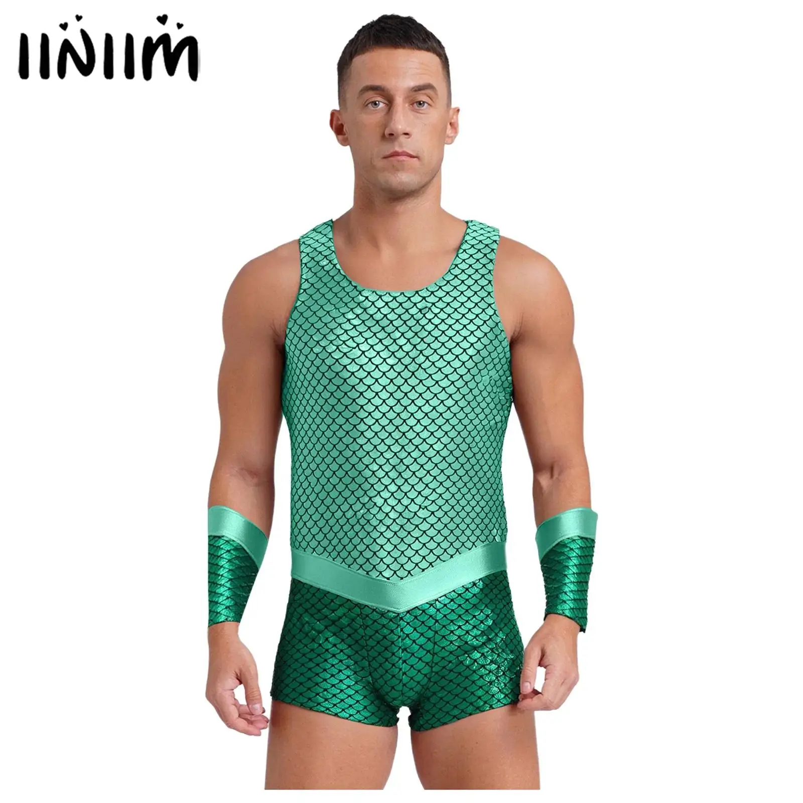 

Mens Sea King Sea God Poseidon Merman Carnival Cosplay Costume Halloween Outfits Fish Scales Print Bodysuit with Arm Sleeves