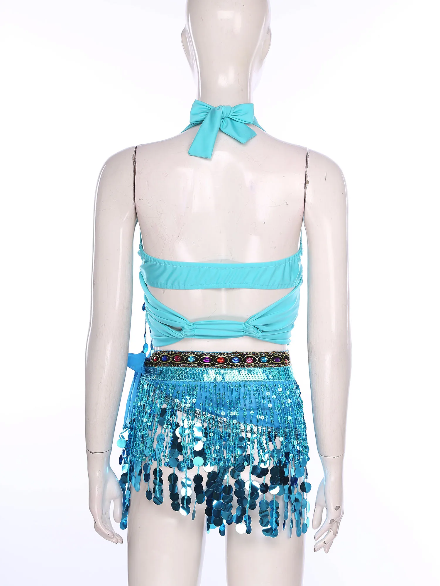 Women Shiny Belly Dancing Outfit Tassel Sequin Halter Crop Top with Fringe Hip Scarf Carnival Theme Party Performance Costume