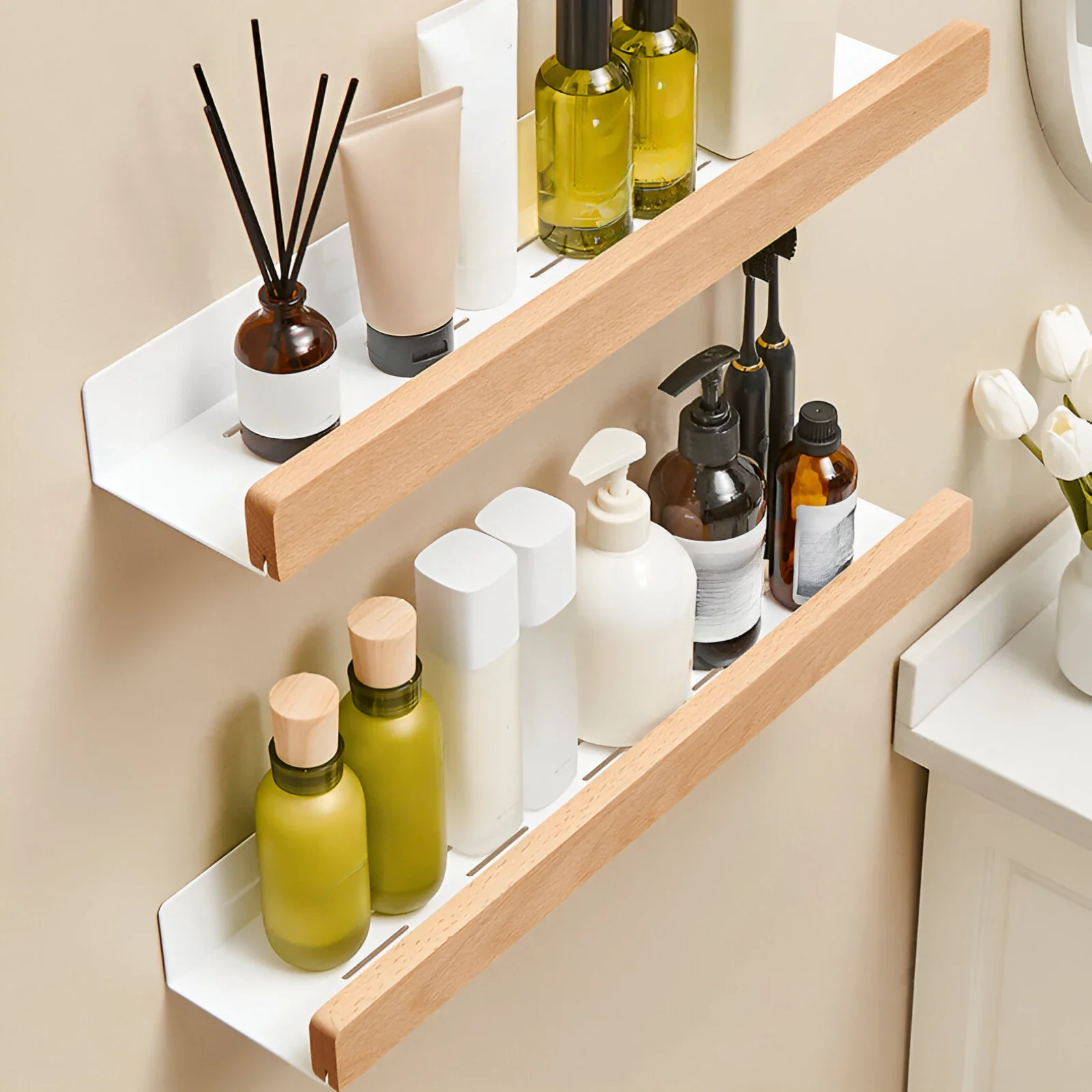 Beech wood bathroom storage rack wall mounted light luxury living room non perforated bathroom storage rack bathroom shelf