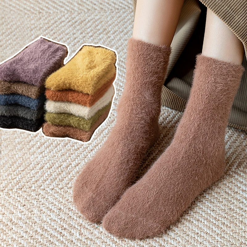 1 Pair Winter Warm Fluffy Bed Socks Women's Soft Elastic Coral Velvet Socks Indoor Floor Mink Fur Thicken Ladies Towel Socks