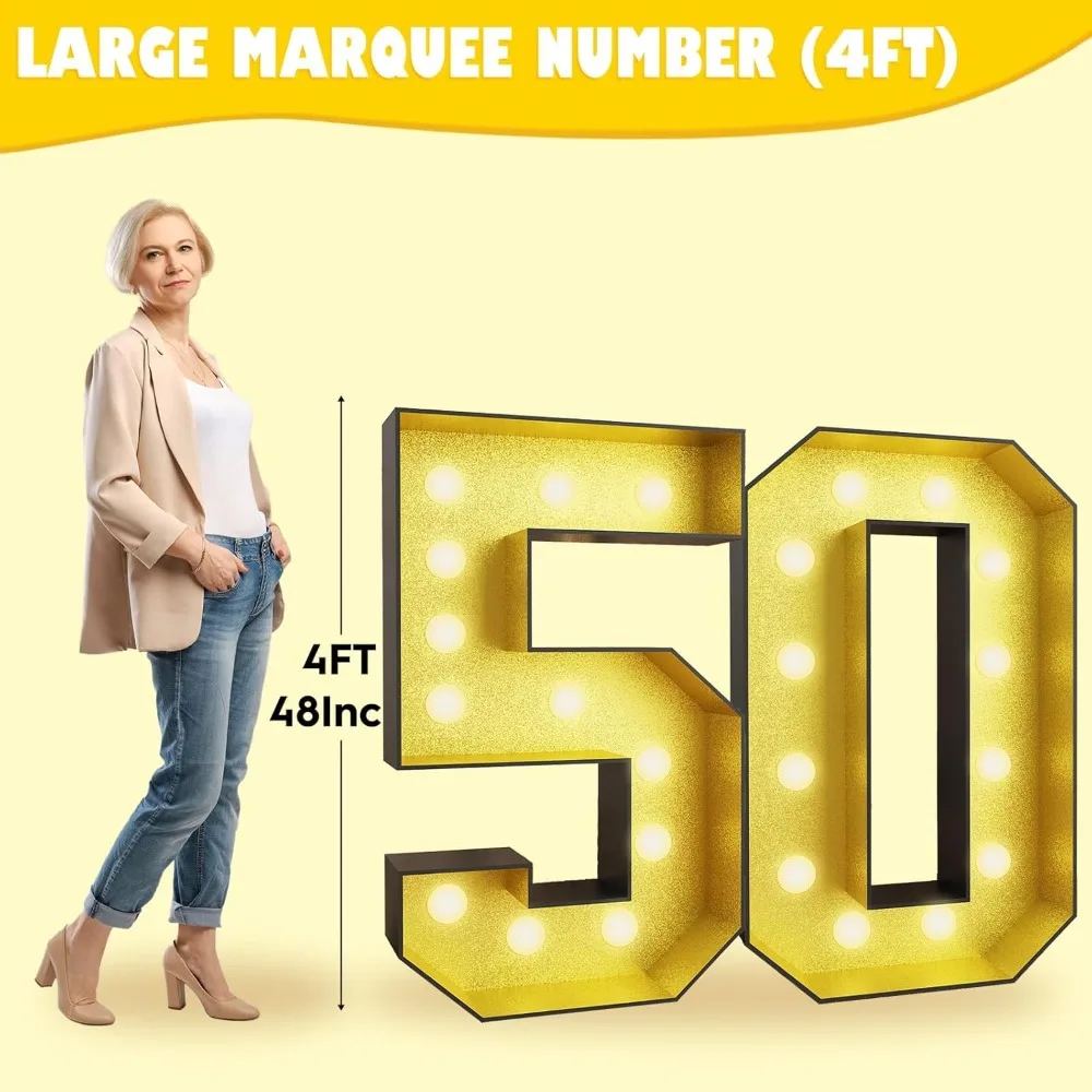 

4FT Marquee 50 Numbers, Light Up 50Glitter Gold Giant Marquee Mosaic