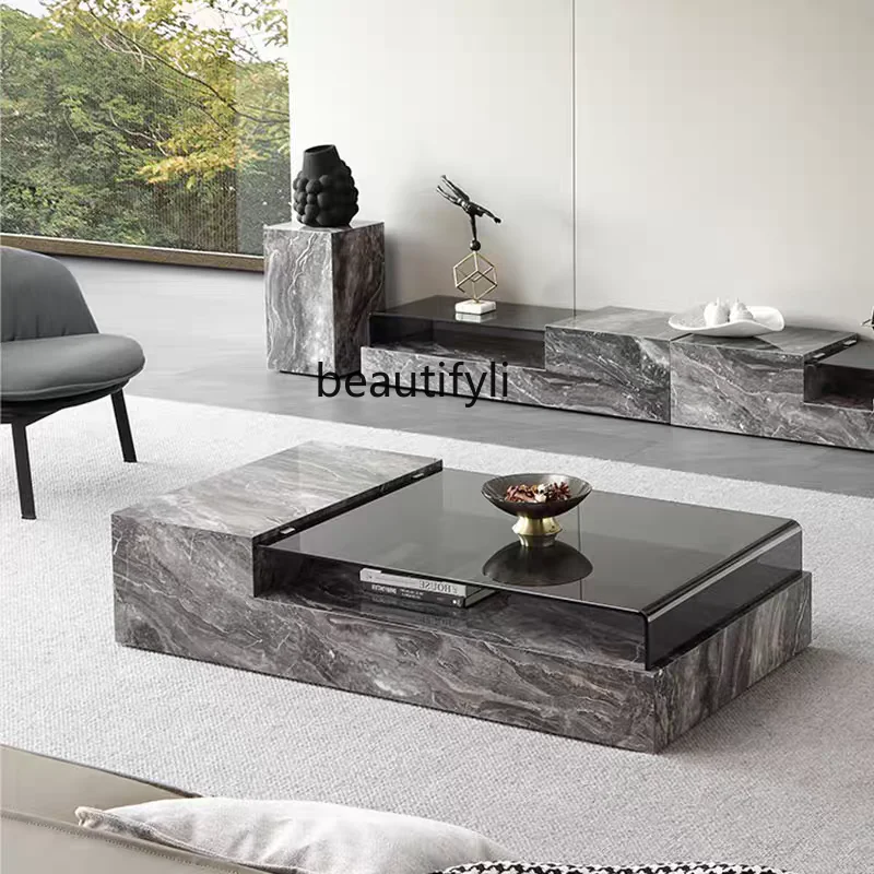 

Italian light luxury rock slab coffee table household living room rectangular TV cabinet