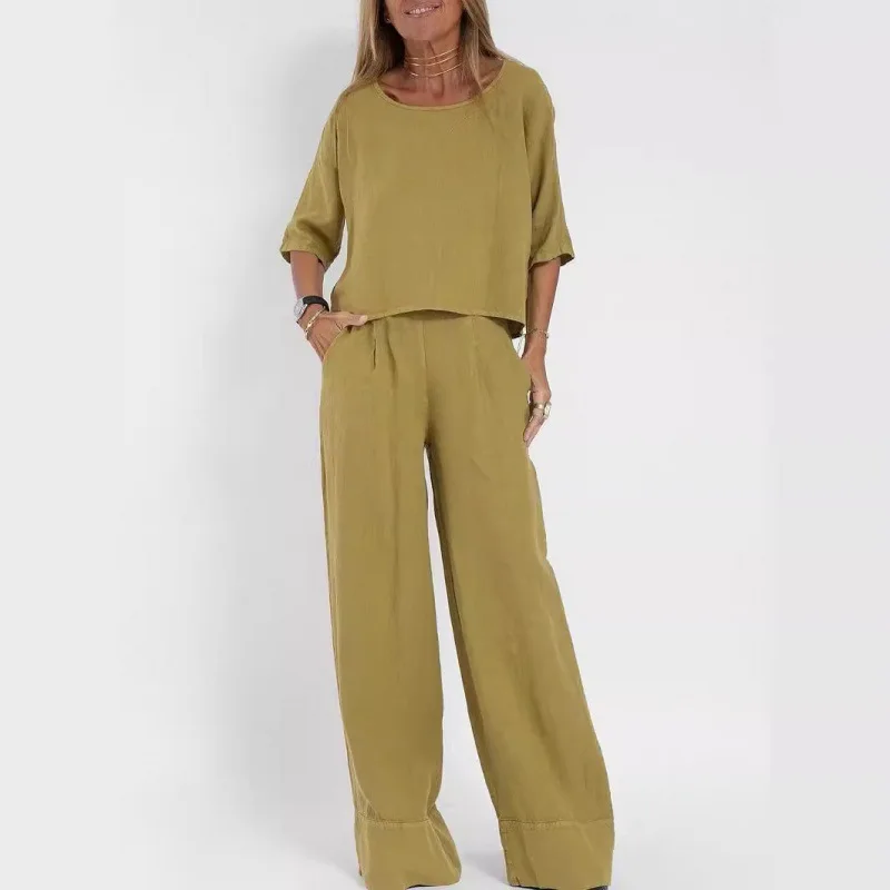 

Round Neck Three-quarter Sleeve Solid Color Loose Pullover T-shirt Wide-leg Trousers Two-piece Set Women's New Casual Loose Suit