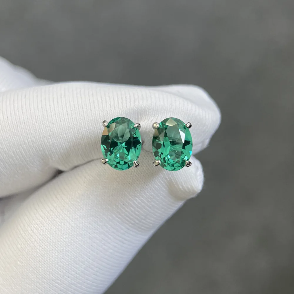 1.4ct Oval Simulated Nano Emerald 925 Sterling Silver Stud Earring Boucle d'oreille for Woman Green Gemstone Fine Jewelry Gift