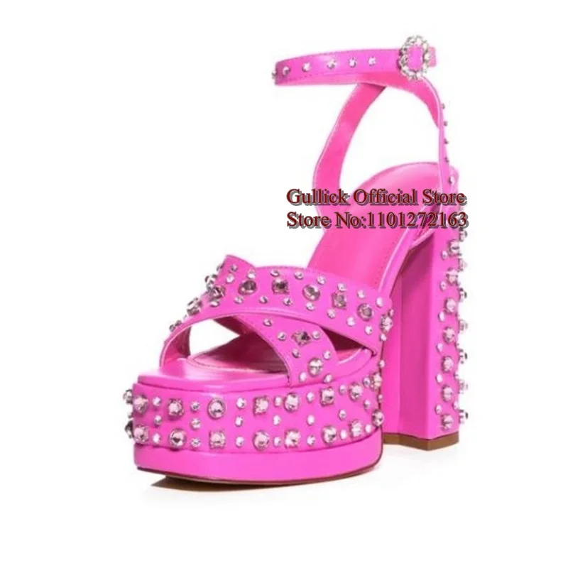 Pink Leather Studded Rhinestone Chunky Heel Sandals Peep Toe Buckle Strap Crystal Platform Celebrating Shoes Plus Size45