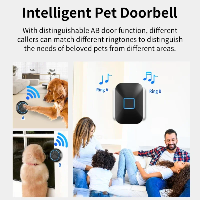 CACAZI Pet Wireless Doorbell Dog Bell for Training To Go Outside with Waterproof Touch Button 2 Buttons 1 Receiver EU Plug