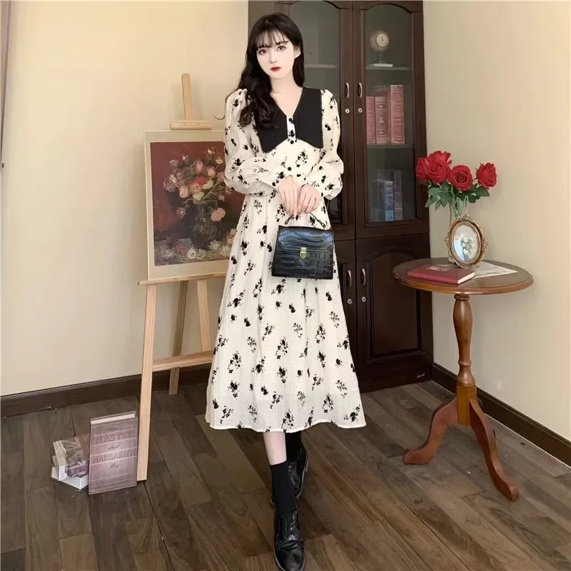 Floral Dresses Women Autumn Gentle A-line Temper French Style Peter Pan Collar Aesthetic Vestidos De Mujer Fashion All-match New