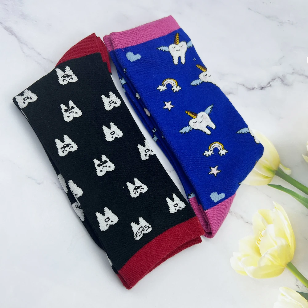 2pcs Cute Dental Tooth Teeth Pattern Socks Adult Children Funny Girl Gift Spring Stockings Polyester Soft Creative Cotton Socks