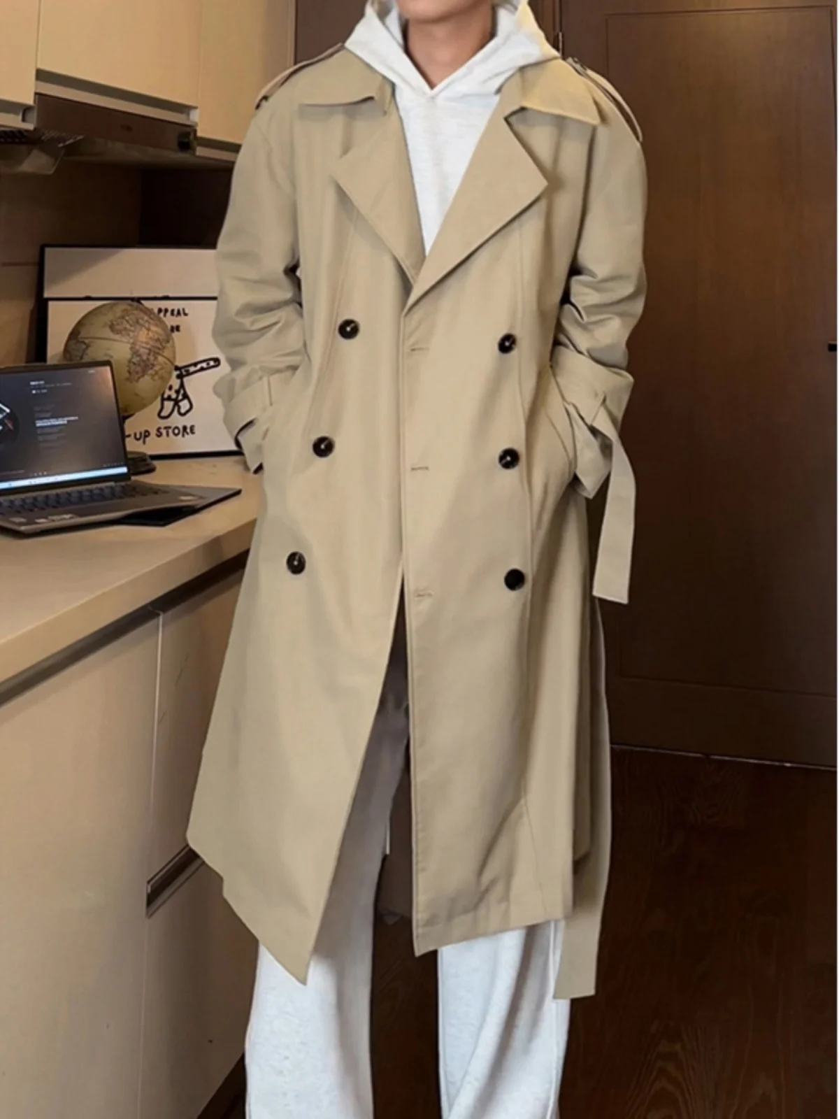 

Мужское демисезонное пальто цвета хаки средней длины, двубортное, в корейском стиле, повседневное, ниже колена, для высоких мужчин