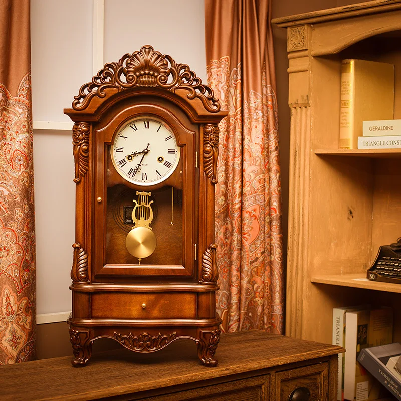 American Polaris movement seat clock European Chinese retro mechanical pendulum clock Home living room Vintage solid wood clock