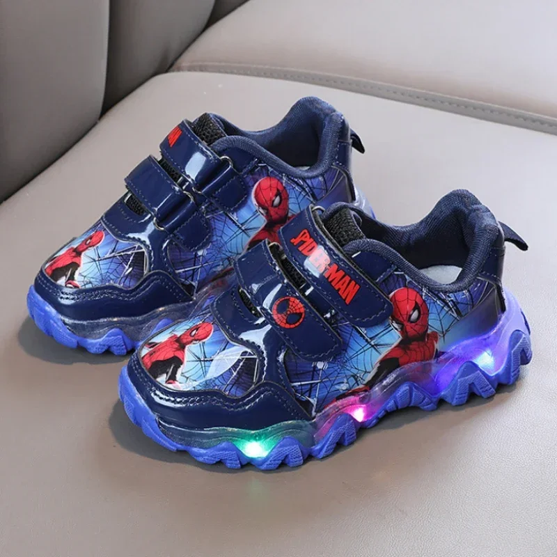 Disney Children\'s Sneakers Boys Spiderman Led Light Sport Shoes Student Shoes Hook Anti-slip Kids Outdoor Shoes Basket Shoes