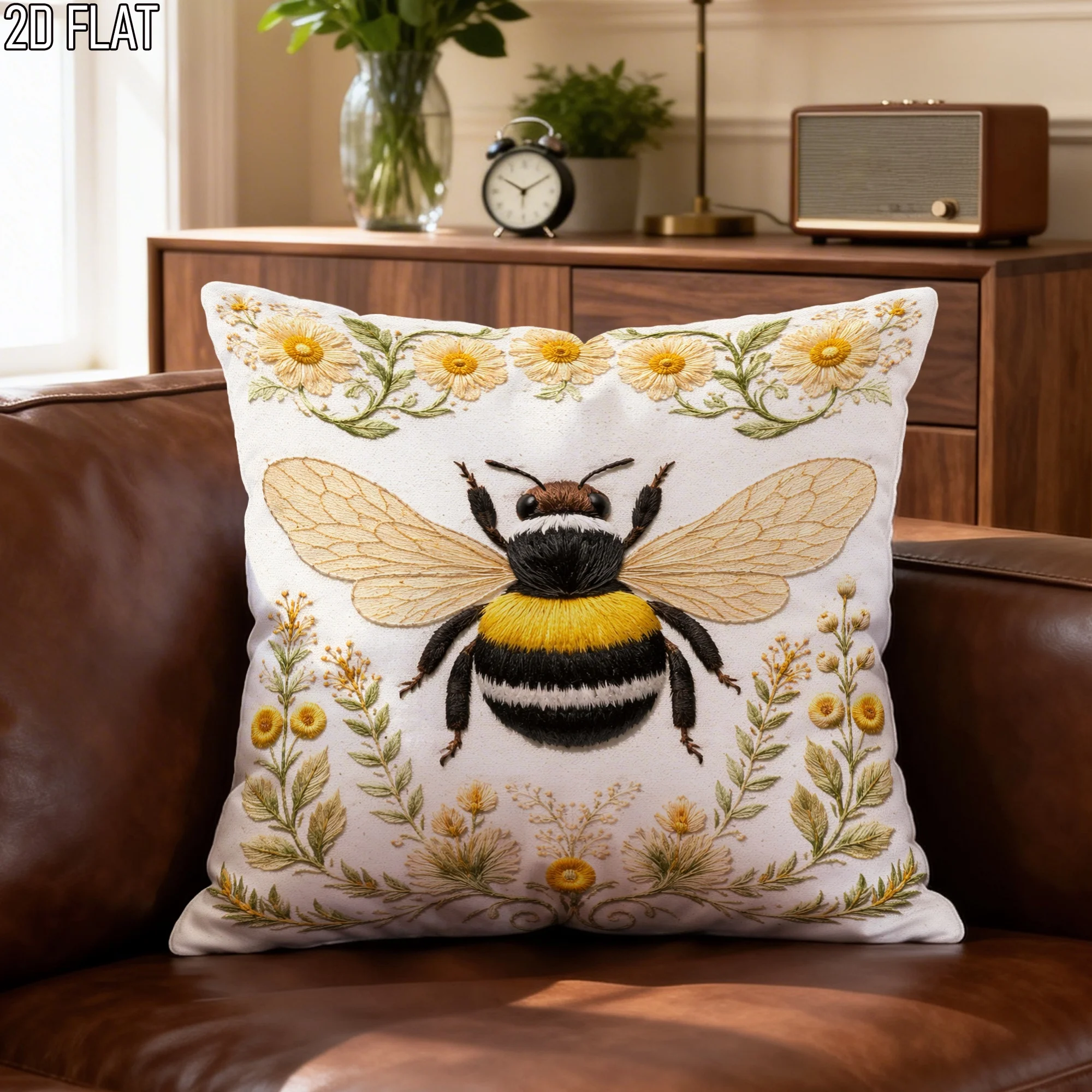 1pc 2D Flat Pillow Not Included Embroidered Bee Wildflower Frame Cushion Cover Plush Nature Lover Cottage Decor Case