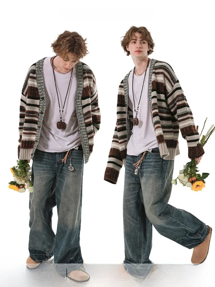 

Открытый кардиган в полоску в стиле ретро, свободный повседневный верхняя одежда, шерстяной удобный теплый длинный свек, осенняя мода для женщин