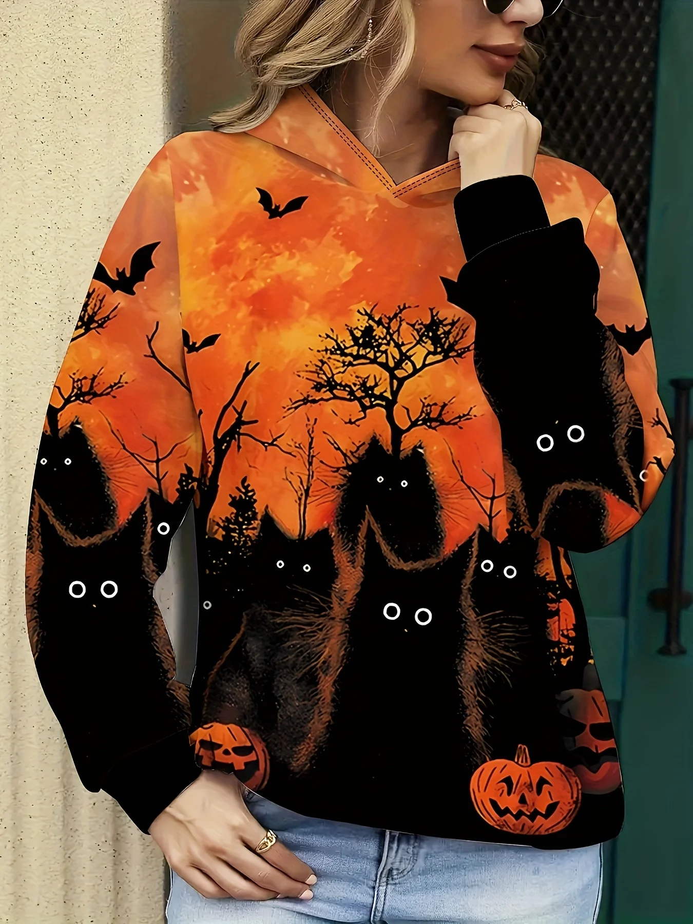 Halloween Women's Hooded Hoodies Halloween Witch Pattern Streetswear Polyester Knit Fabric Tops Casual Pullover Women's Clothing