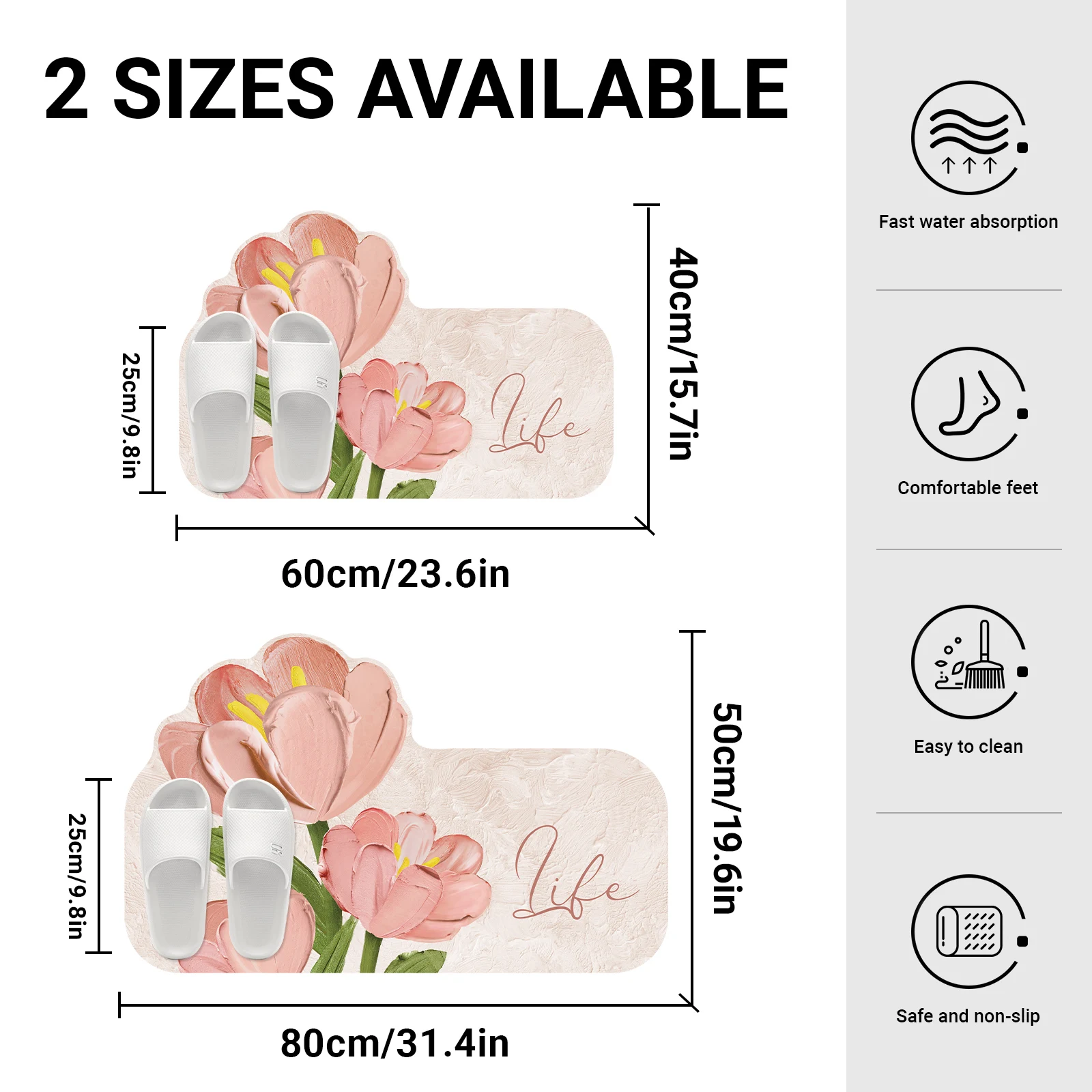 Rubber Bathroom Anti-Slip Floor Mat, Water-Absorbing Quick-Drying Floor Mat, Oil Painting Pinkish Purple Tulip Printed Door Mat