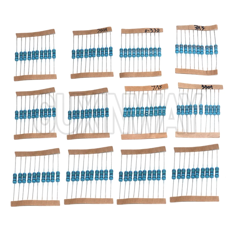 1/2 واط 1 واط 2 واط 3 واط المقاومة 1% معدن مقاوم من غشاء مجموعة متنوعة 30 قيم 1R ~ 750R 1 كيلو ~ 820 كيلو أوم