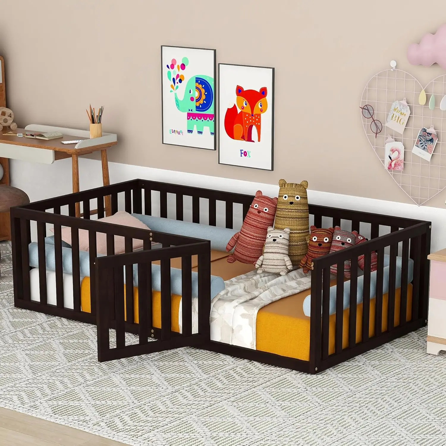 Bed with Fence and Door, Kids Montessori Floor Bed Without Slats, Cute Montessori Bed for Kids, Girls, Boys, Wodd Floor Bed(Waln