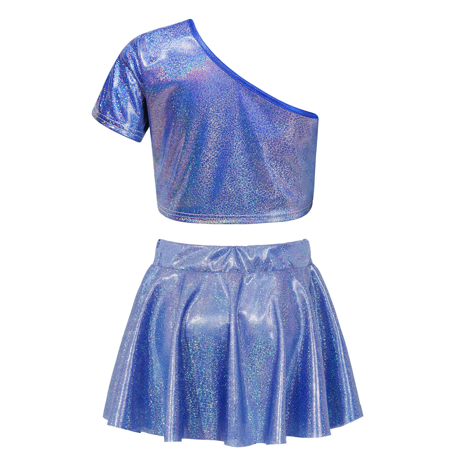 Teen Girls School Party Jazz Tanz Cheerleading Performance Kostüm eine Schulter Kurzarm Metallic Crop Top mit Rock Set