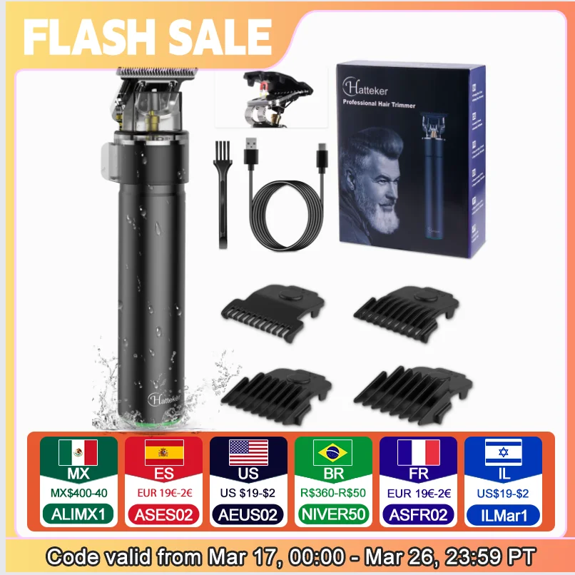 Hatteker الكهربائية برو لي مشابك شعر الخطوط العريضة أصلع المقص صفر فجوة T-شفرة أداة تهذيب اللحية مقاوم للماء قابلة للشحن اللاسلكي