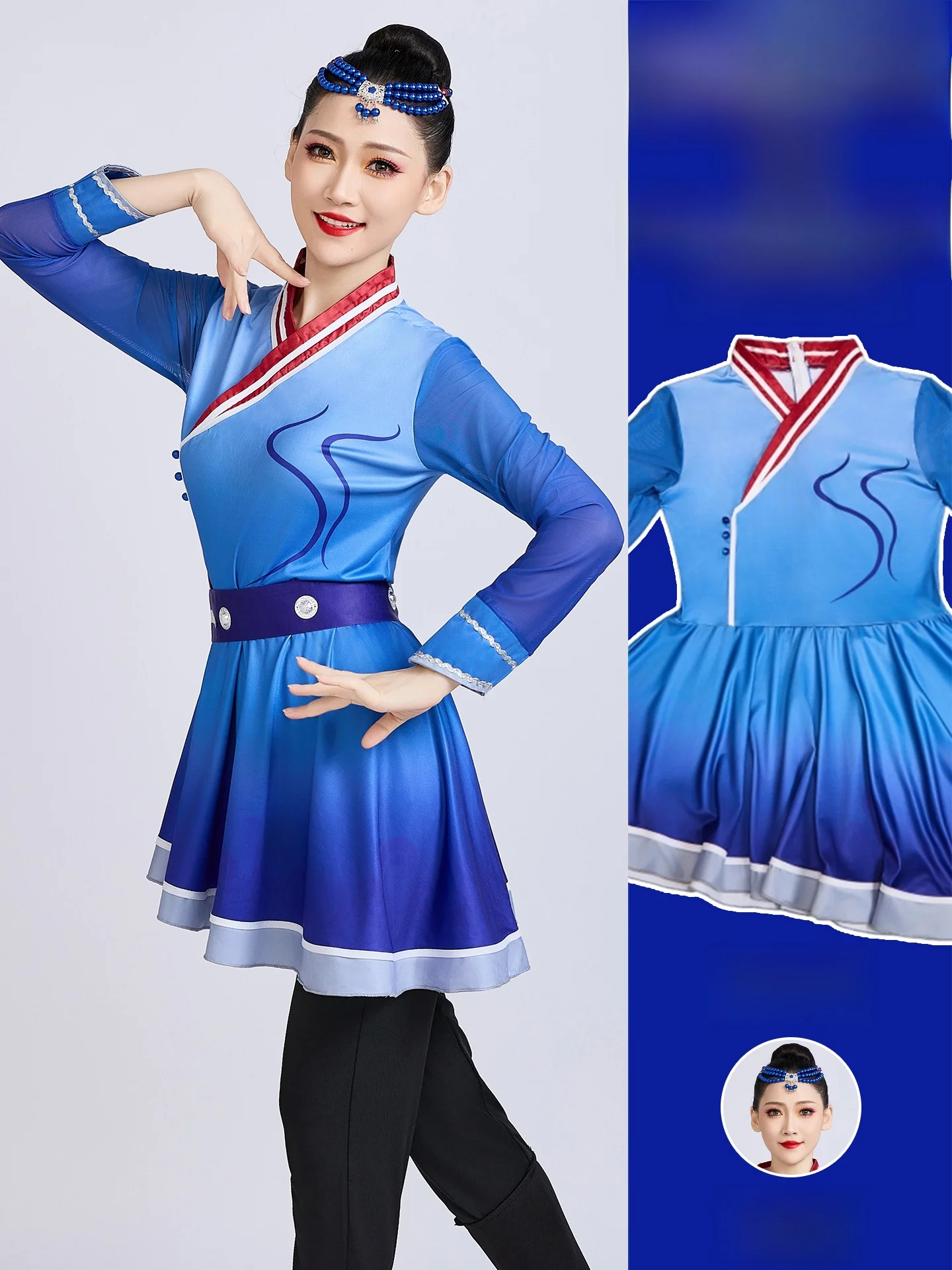 

Новый женский костюм для монгольских танцев, этническая монгольская национальная одежда, наряд для выступлений на сцене, для осеннего фестиваля или экзаменов по искусству, в стиле степной оперы.