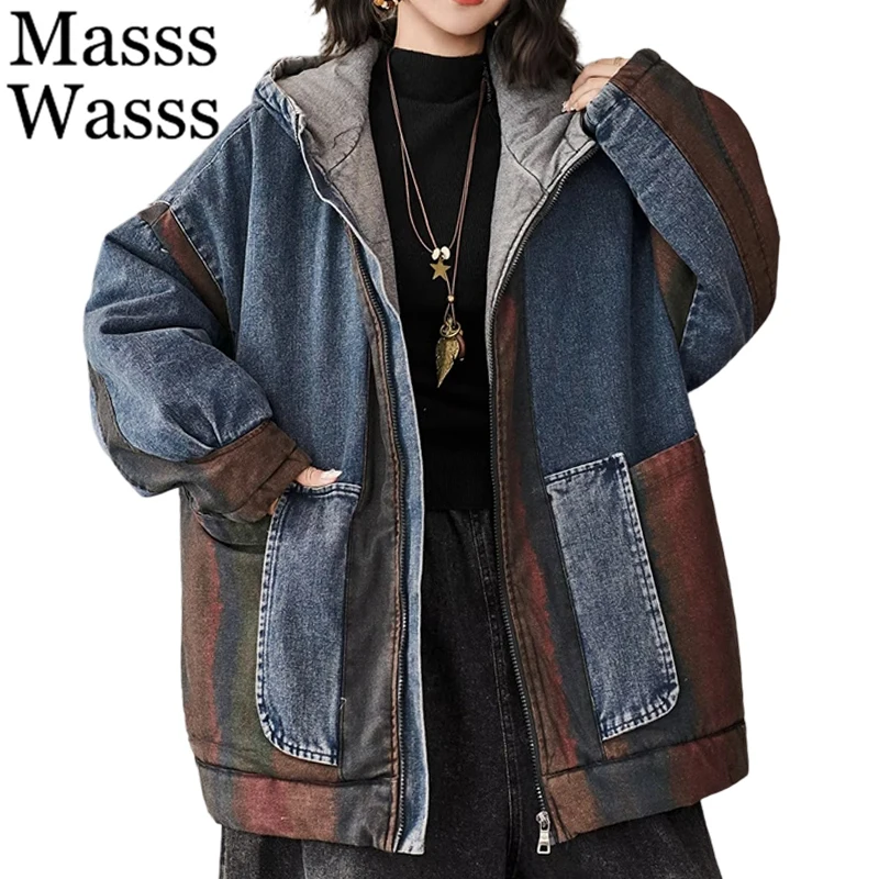 

Mass Wasss зимние винтажные джинсовые пальто с принтом, женские модные свободные повседневные парки с капюшоном, женские теплые лоскутные стеганые куртки