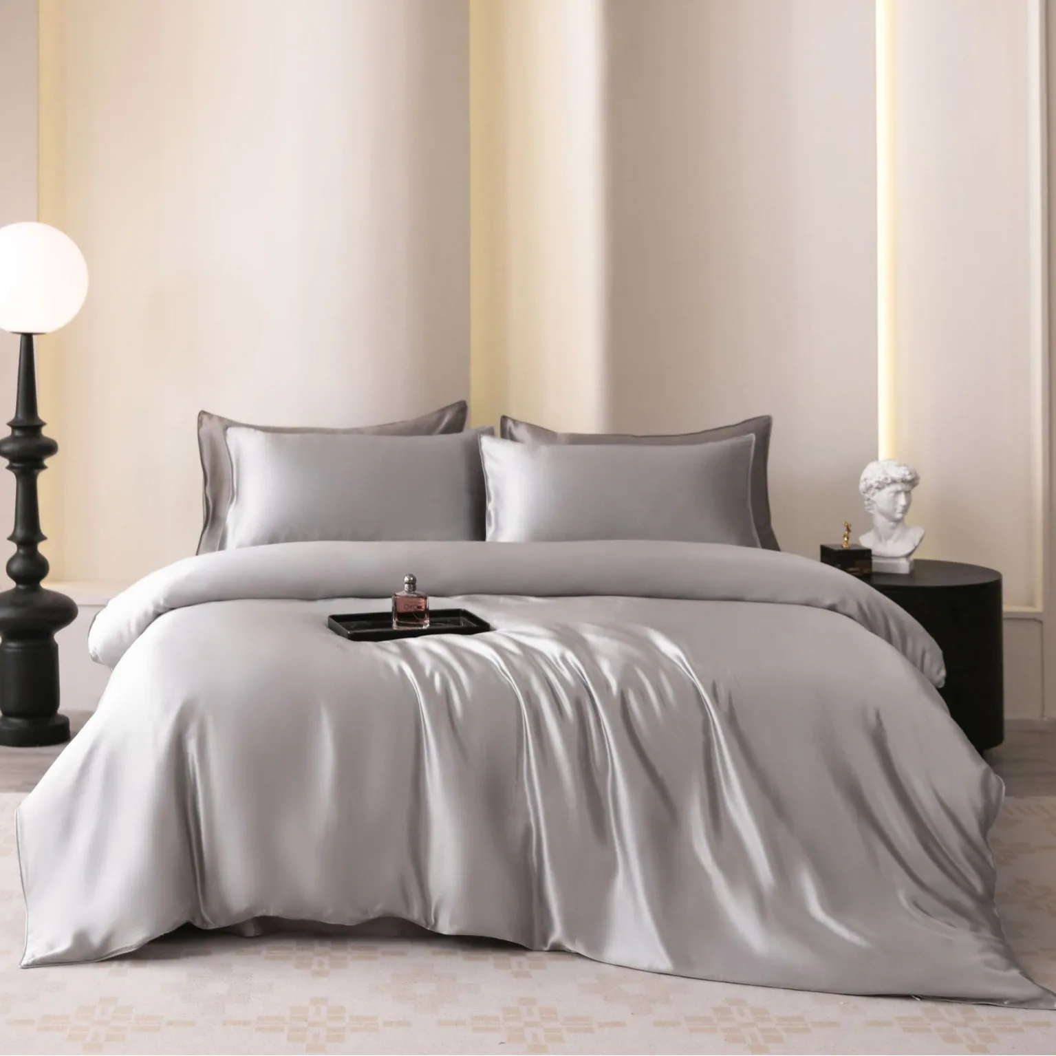 silk, fourpiece set, mulberry silk, light luxury, solid color, bed hat, quilt cover.