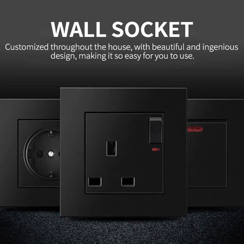 

T&I EU RU Wall Socket Plug Electrical Outlets Double 16A 250V EU Standard Power Socket Black Plastic Panel，For Home