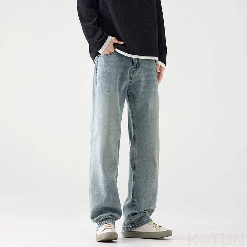 KSTUN Light Blue Jeans Stretch Men's Loose Straight Jeans Male Denim Pants Spring and Autumn Full Length Trousers High Quality