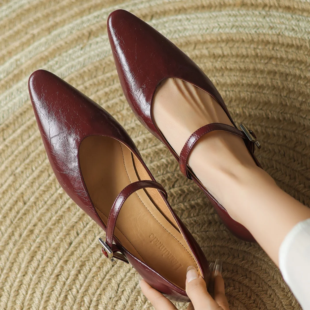 Women\'s genuine leather metal buckle pointed toe slip-o Mary Jane flats high quality soft comfortable 2cm kitten heel shoes sale