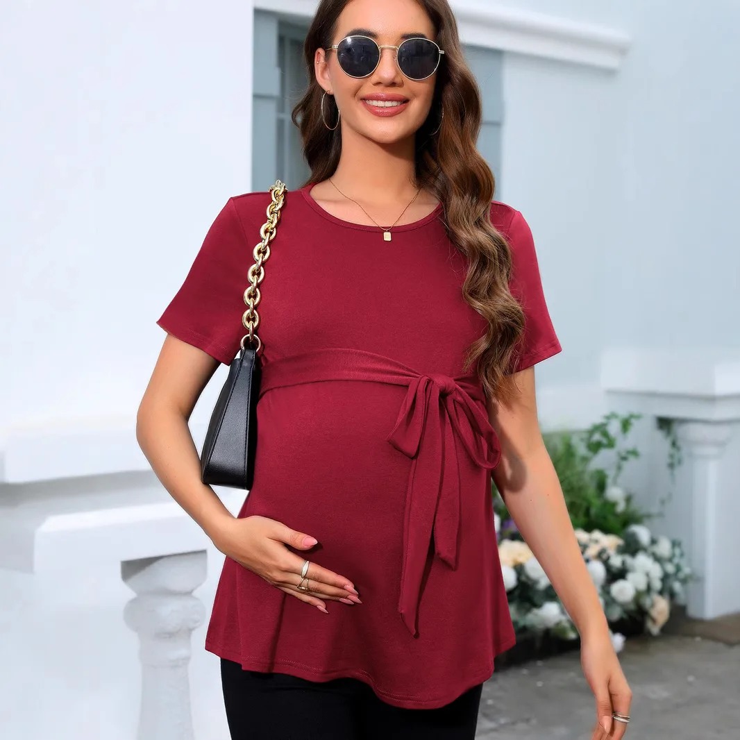 

New Solid Color Simple Maternity Tees Casual Crew Neck Waist Tie Women Tops Fashion Summer T-shirt for Pregnant Women Plus Size