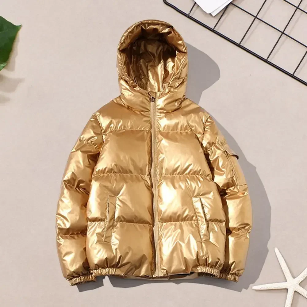 

Hooded Winter Coat Men's High Gloss Quilted Cotton Coat with Hood Pockets Loose Fit Warm Short Outerwear for Winter