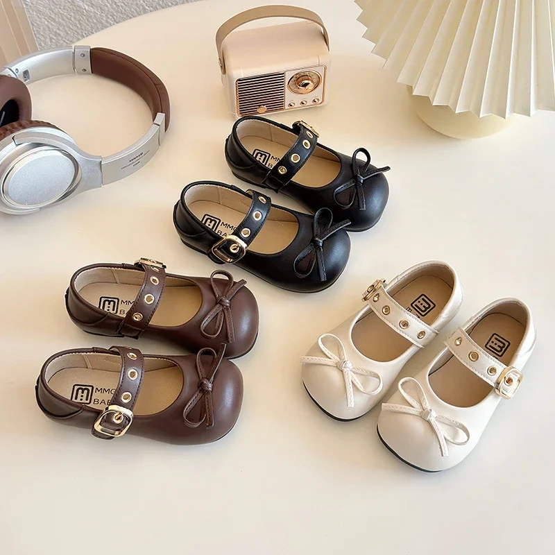 

Girls' Leather Shoes 2025 Spring/Autumn New Korean Version Bow Kid's Princess Shoes Flat Bottomed Children's Shoes