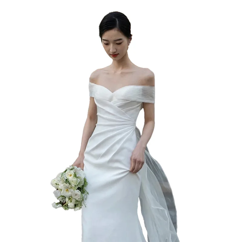 Robe de mariée légère en Satin pour femmes, épaules dénudées, Style français, sirène, robes de soirée élégantes, robe blanche personnalisée