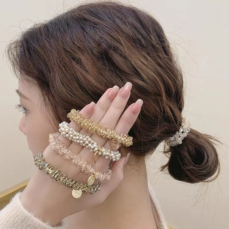 

Multicolor Crystal Beads Hair Tie Elastic Hair Rope Simple Metal Sheets Scrunchies Ponytail Headdress for Women Girl Accessories